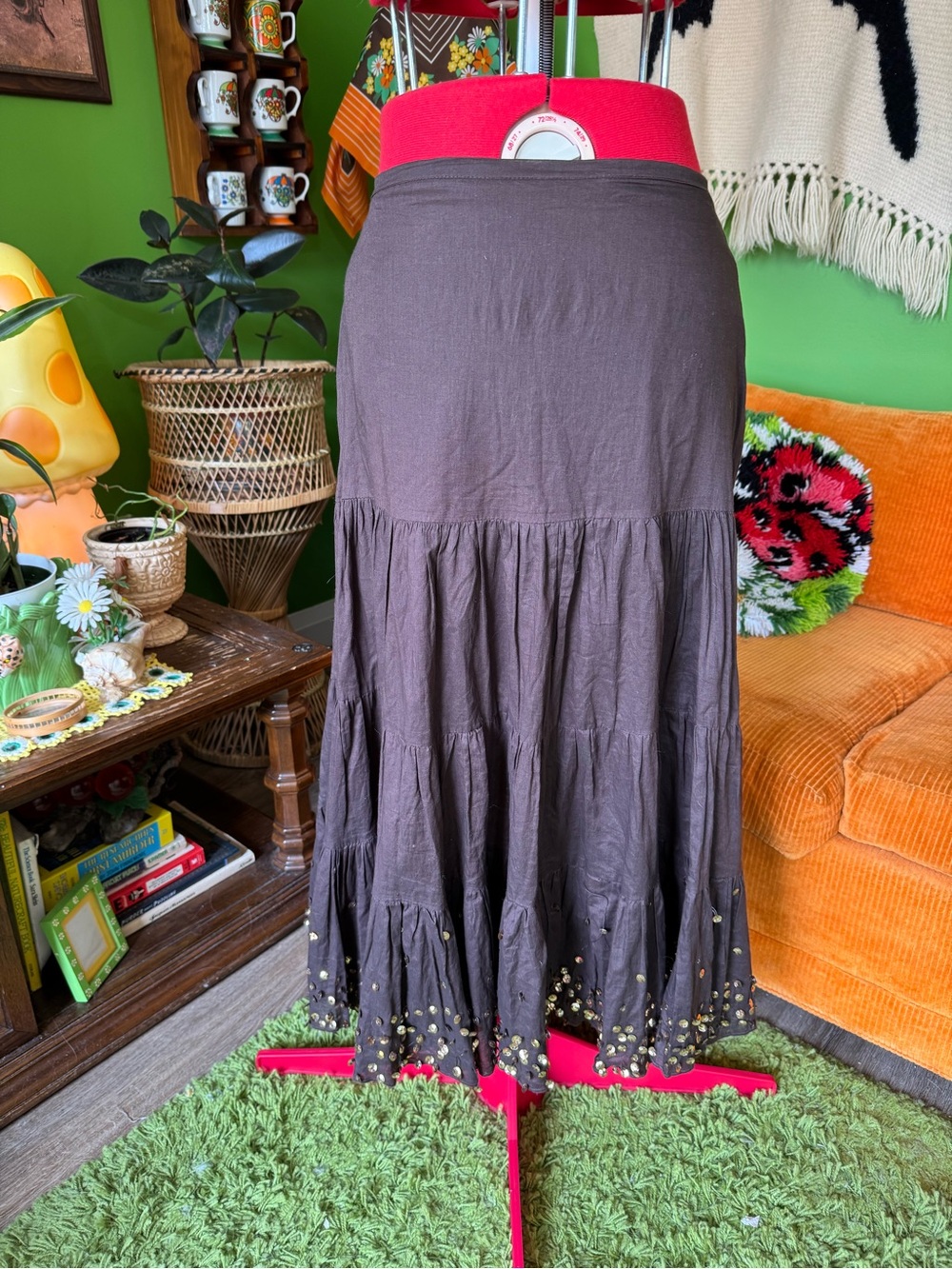 dressbarn Brown Tiered Maxi Skirt with Beaded Hem